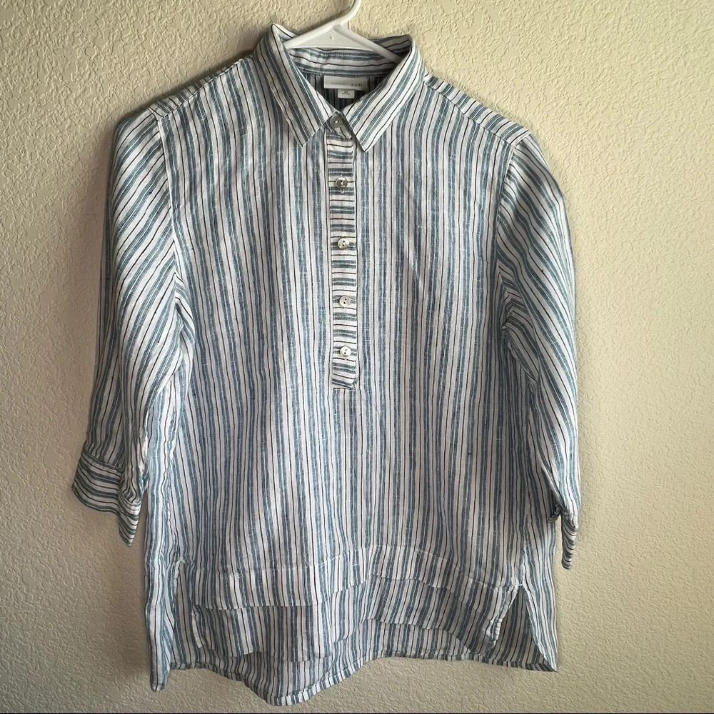 J. Jill Love Linen Womens Popover Tunic Top White Blue Striped Collar XS - Picture 3 of 8